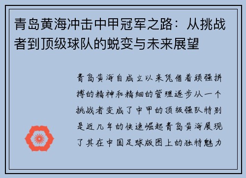 青岛黄海冲击中甲冠军之路：从挑战者到顶级球队的蜕变与未来展望